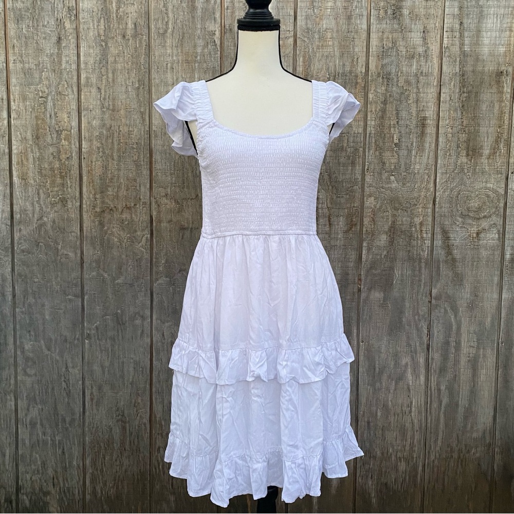 LEANI White Ruffle Smocked Babydoll Lined Mini Dress Size L